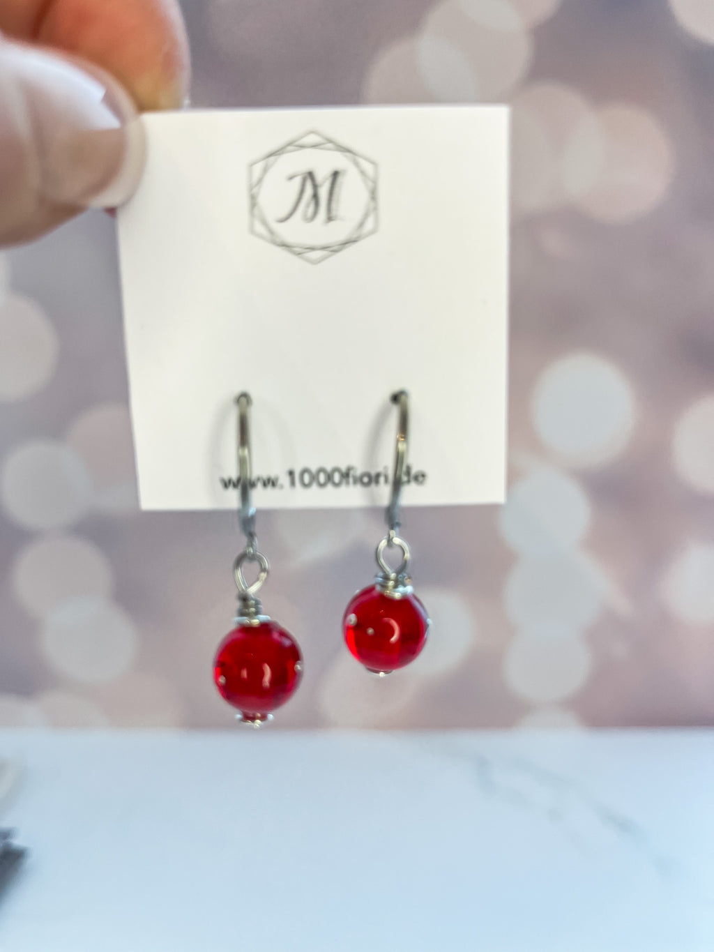 Creolen rot mit Glasperle, Edelstahl silber