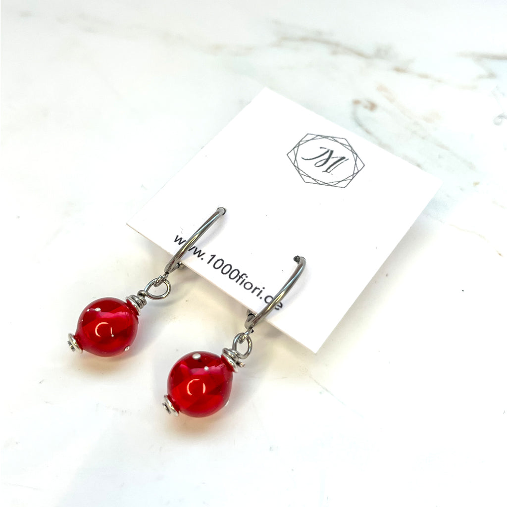 Creolen rot mit Glasperle, Edelstahl silber