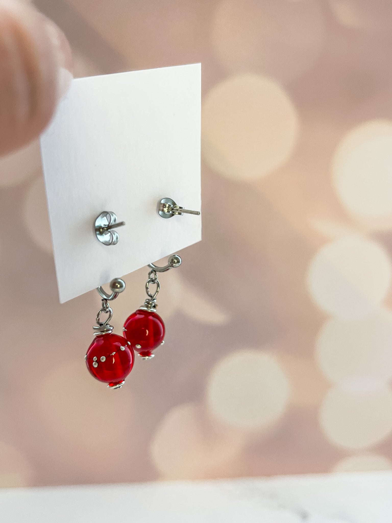 Creolen rot mit Glasperle, Edelstahl silber